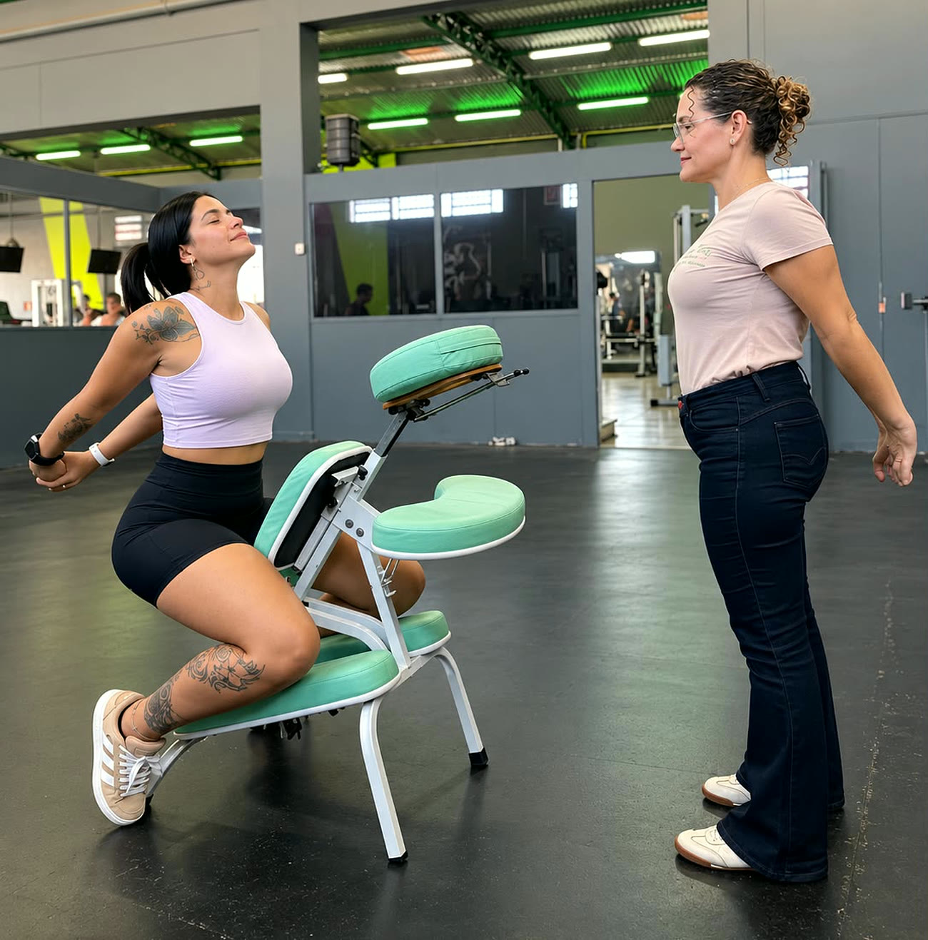 Cíntia Godoy conduzindo um alongamento na cadeira de quick massage dentro de uma academia