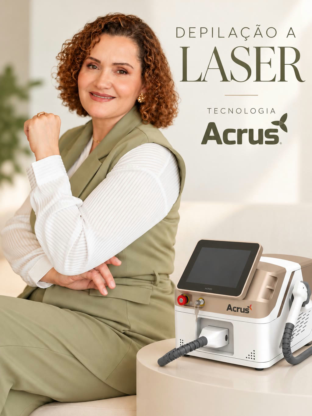 Cíntia Godoy sentada ao lado do equipamento de depilação a laser Acrus